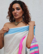 Sadhvi Ivory Handwoven Linen Cotton Jamdani Saree - Uma