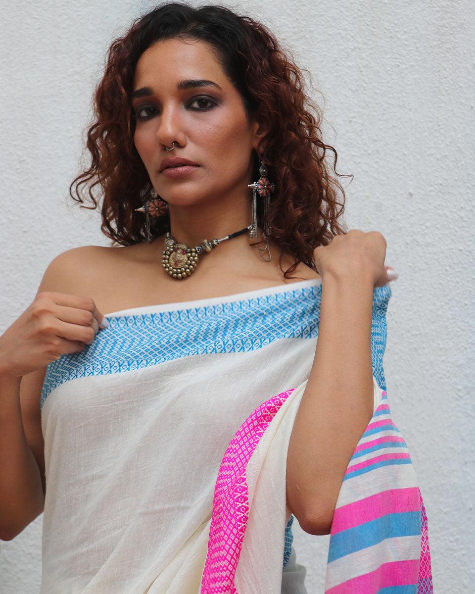 Sadhvi Ivory Handwoven Linen Cotton Jamdani Saree - Uma