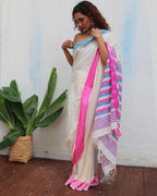 Sadhvi Ivory Handwoven Linen Cotton Jamdani Saree - Uma