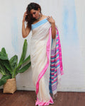 Sadhvi Ivory Handwoven Linen Cotton Jamdani Saree - Uma