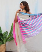 Sadhvi Ivory Handwoven Linen Cotton Jamdani Saree - Uma