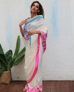 Sadhvi Ivory Handwoven Linen Cotton Jamdani Saree - Uma