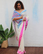 Sadhvi Ivory Handwoven Linen Cotton Jamdani Saree - Uma