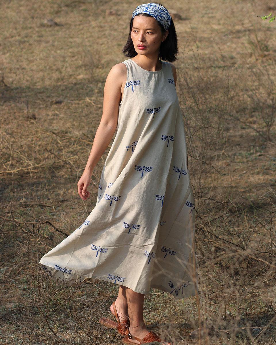 Beige Blue Blockprinted Dragonfly Sleeveless Cotton Dress