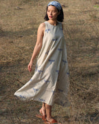 Beige Blue Blockprinted Dragonfly Sleeveless Cotton Dress