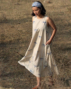 Beige Blue Blockprinted Dragonfly Sleeveless Cotton Dress