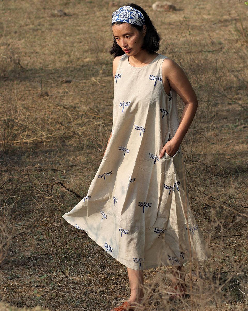 Beige Blue Blockprinted Dragonfly Sleeveless Cotton Dress