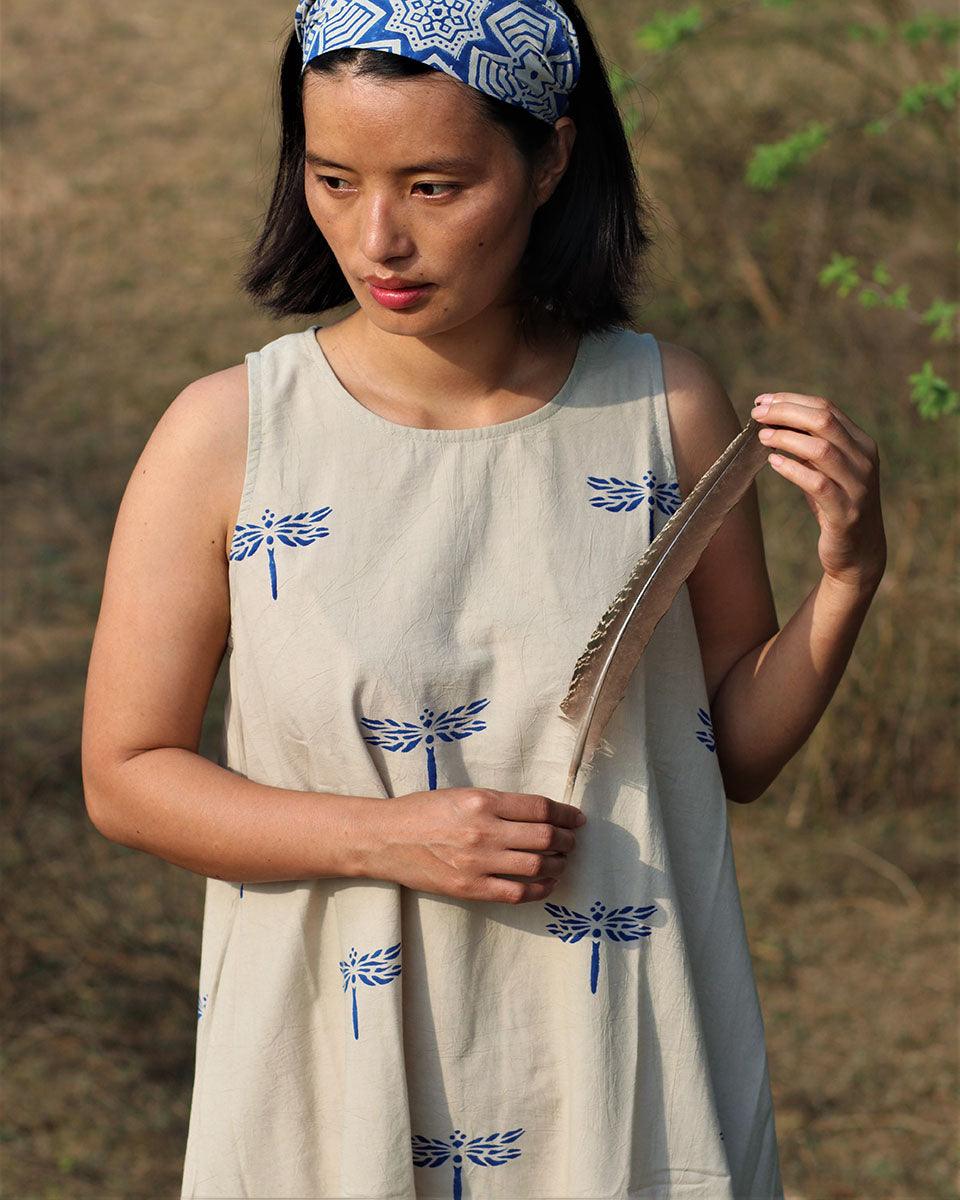 Beige Blue Blockprinted Dragonfly Sleeveless Cotton Dress