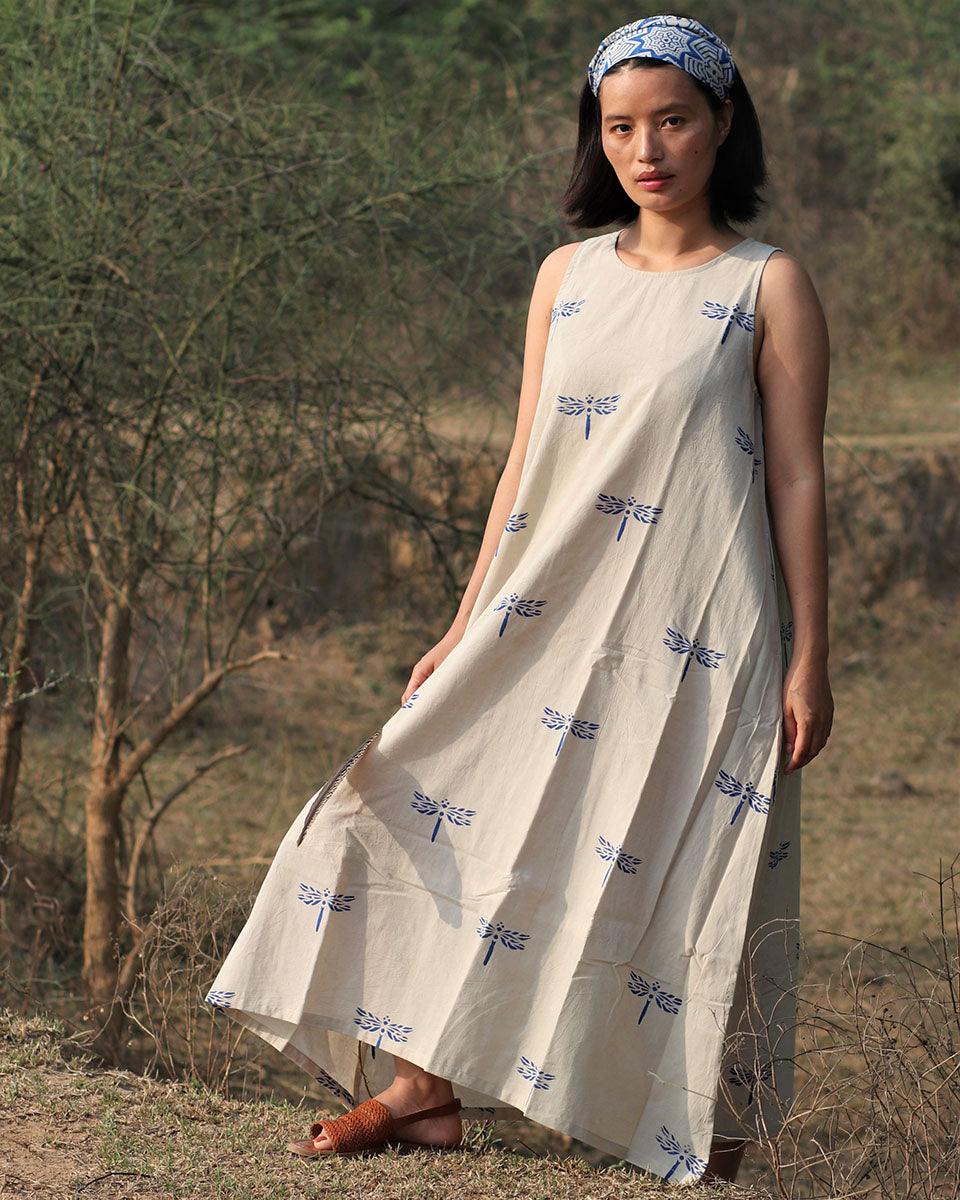 Beige Blue Blockprinted Dragonfly Sleeveless Cotton Dress