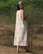 Beige Blue Blockprinted Dragonfly Sleeveless Cotton Dress
