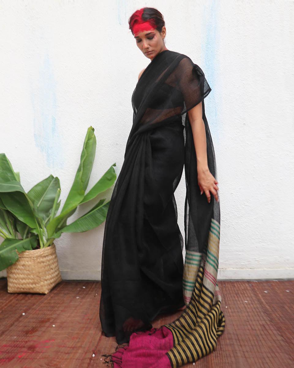 Vajrangi Black Handwoven Linen Saree - Kaali