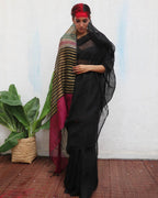 Vajrangi Black Handwoven Linen Saree - Kaali