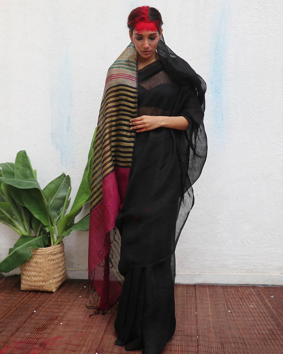 Vajrangi Black Handwoven Linen Saree - Kaali