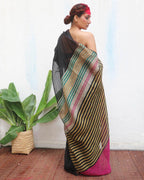 Vajrangi Black Handwoven Linen Saree - Kaali