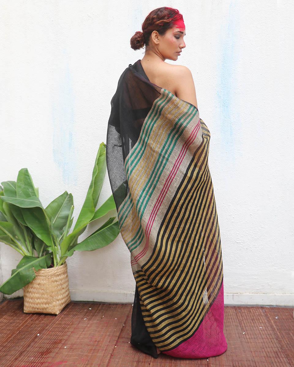 Vajrangi Black Handwoven Linen Saree - Kaali