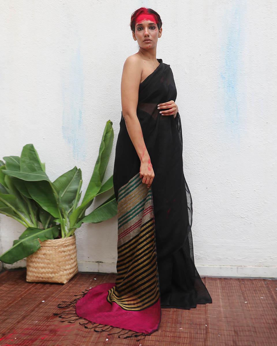 Vajrangi Black Handwoven Linen Saree - Kaali