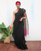 Vajrangi Black Handwoven Linen Saree - Kaali