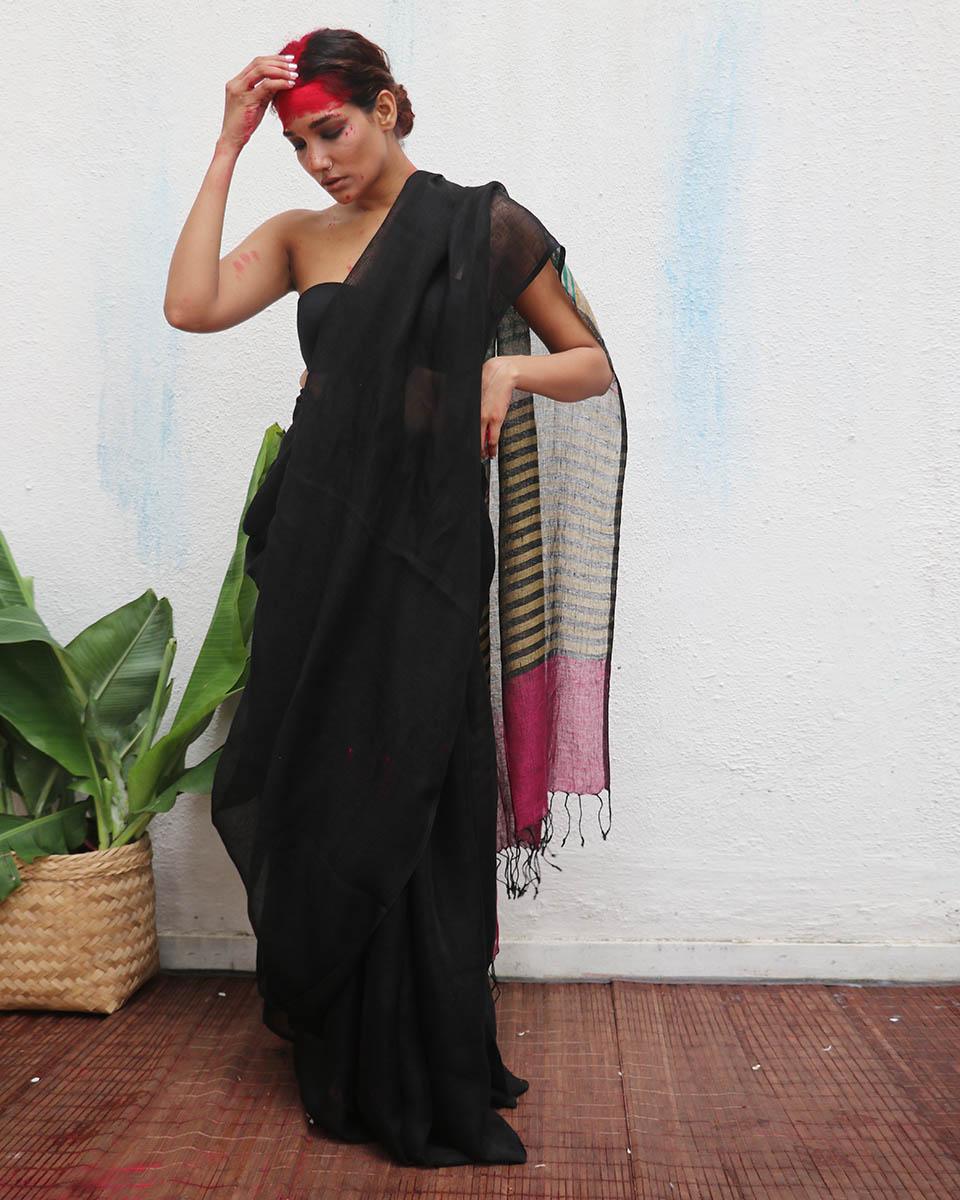 Vajrangi Black Handwoven Linen Saree - Kaali