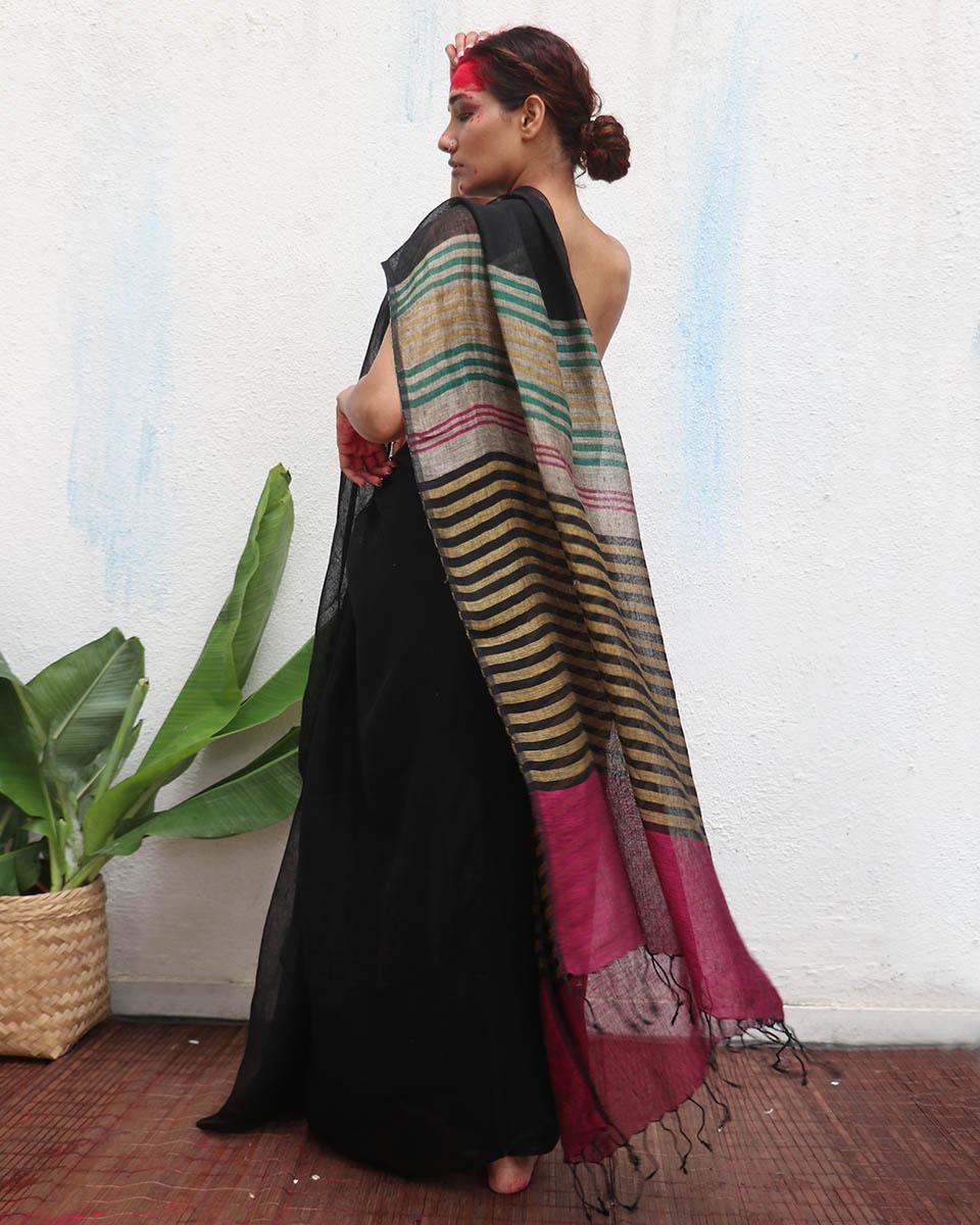 Vajrangi Black Handwoven Linen Saree - Kaali