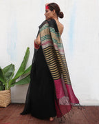 Vajrangi Black Handwoven Linen Saree - Kaali