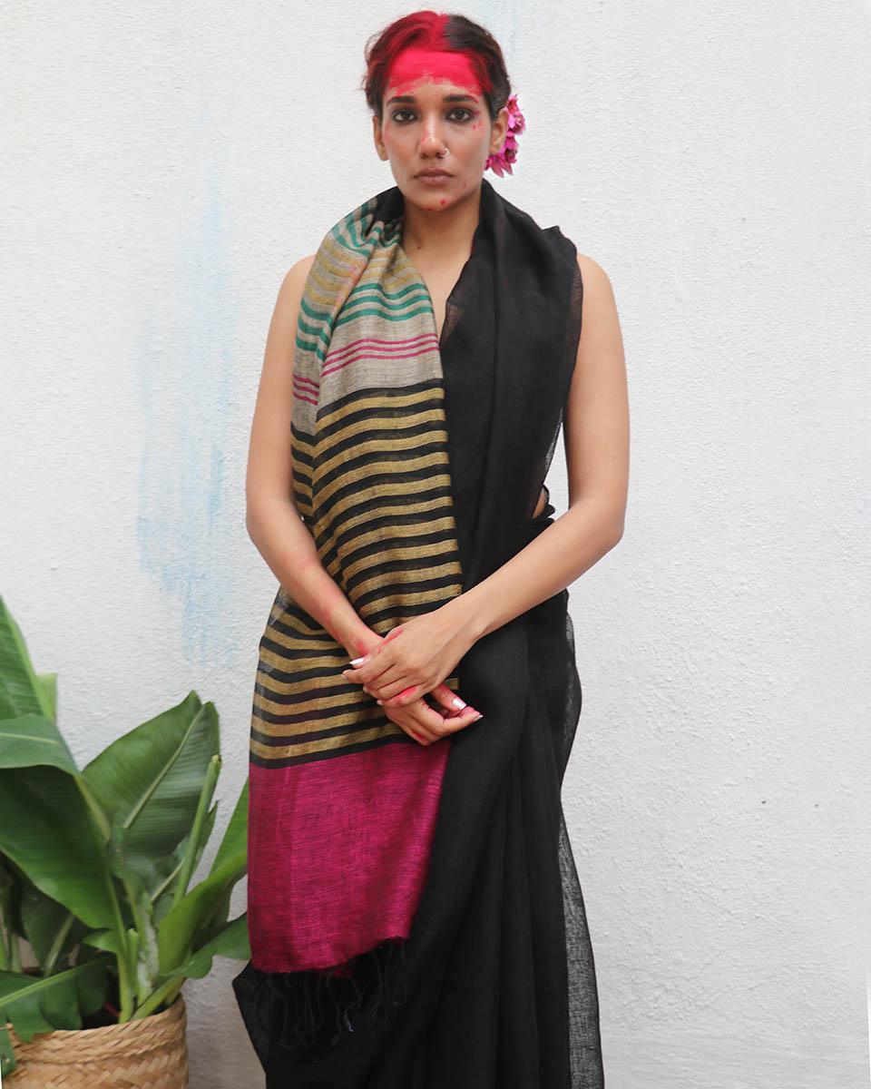 Vajrangi Black Handwoven Linen Saree - Kaali