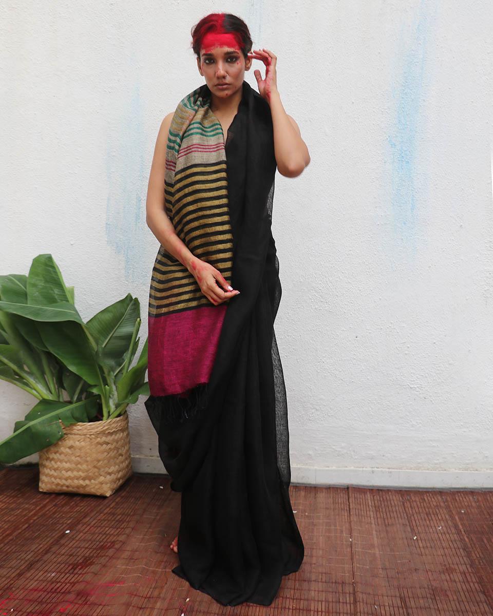 Vajrangi Black Handwoven Linen Saree - Kaali