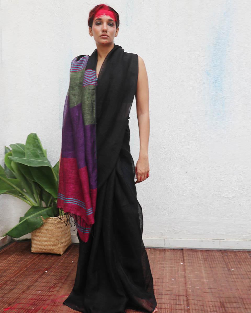 Brahmi Black Handwoven Linen Saree - Kaali