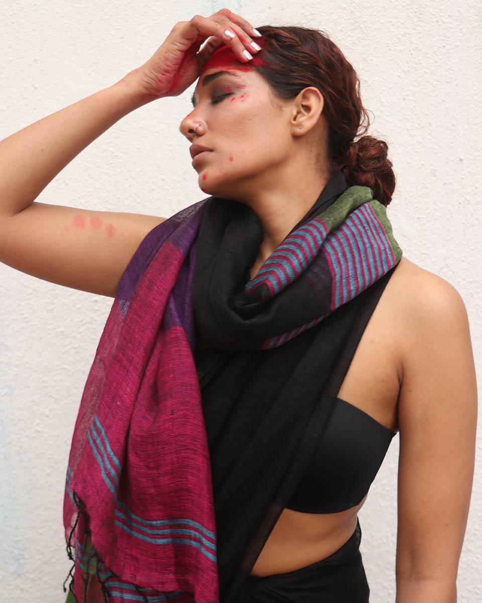 Brahmi Black Handwoven Linen Saree - Kaali