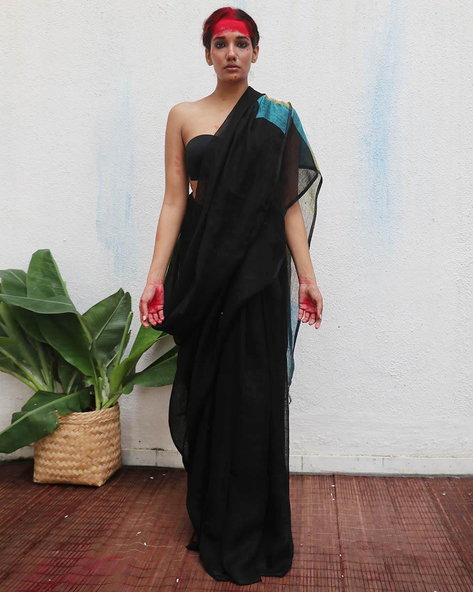 Virupakshi Black Handwoven Linen Saree - Kaali