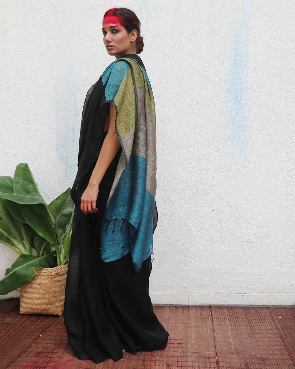 Virupakshi Black Handwoven Linen Saree - Kaali
