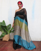Virupakshi Black Handwoven Linen Saree - Kaali