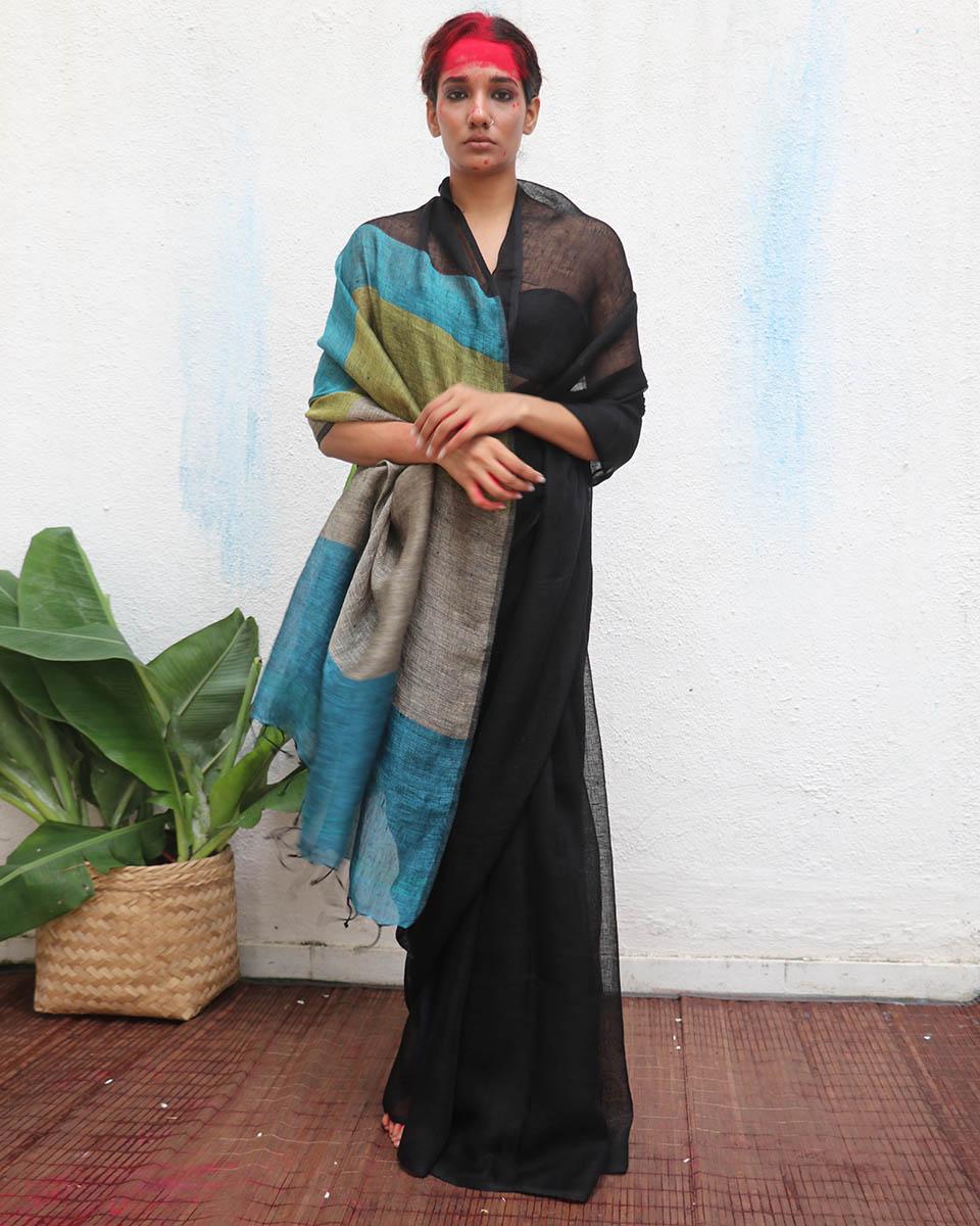 Virupakshi Black Handwoven Linen Saree - Kaali