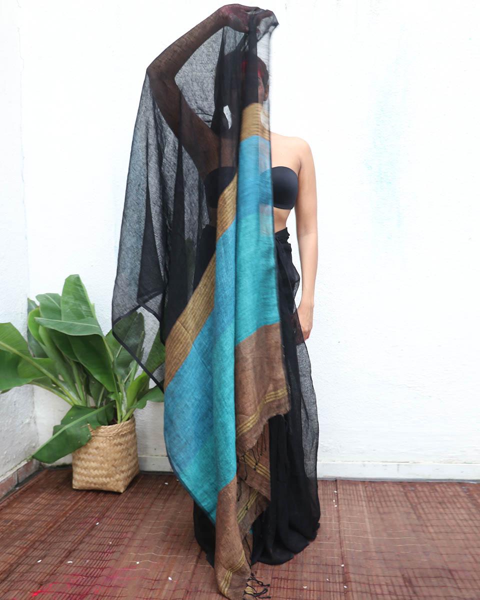 Mahamaya Black Handwoven Linen Saree - Kaali