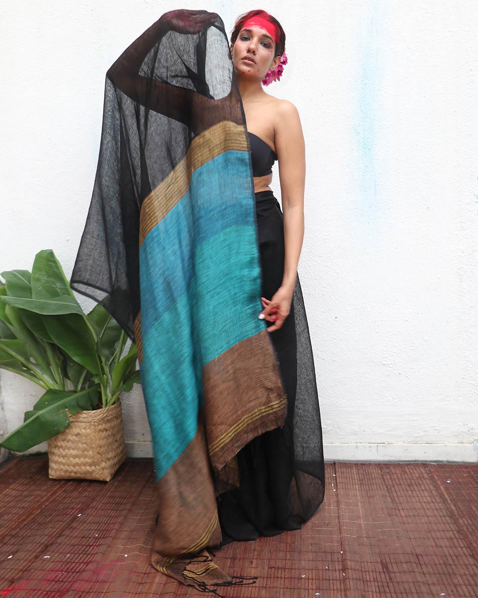 Mahamaya Black Handwoven Linen Saree - Kaali