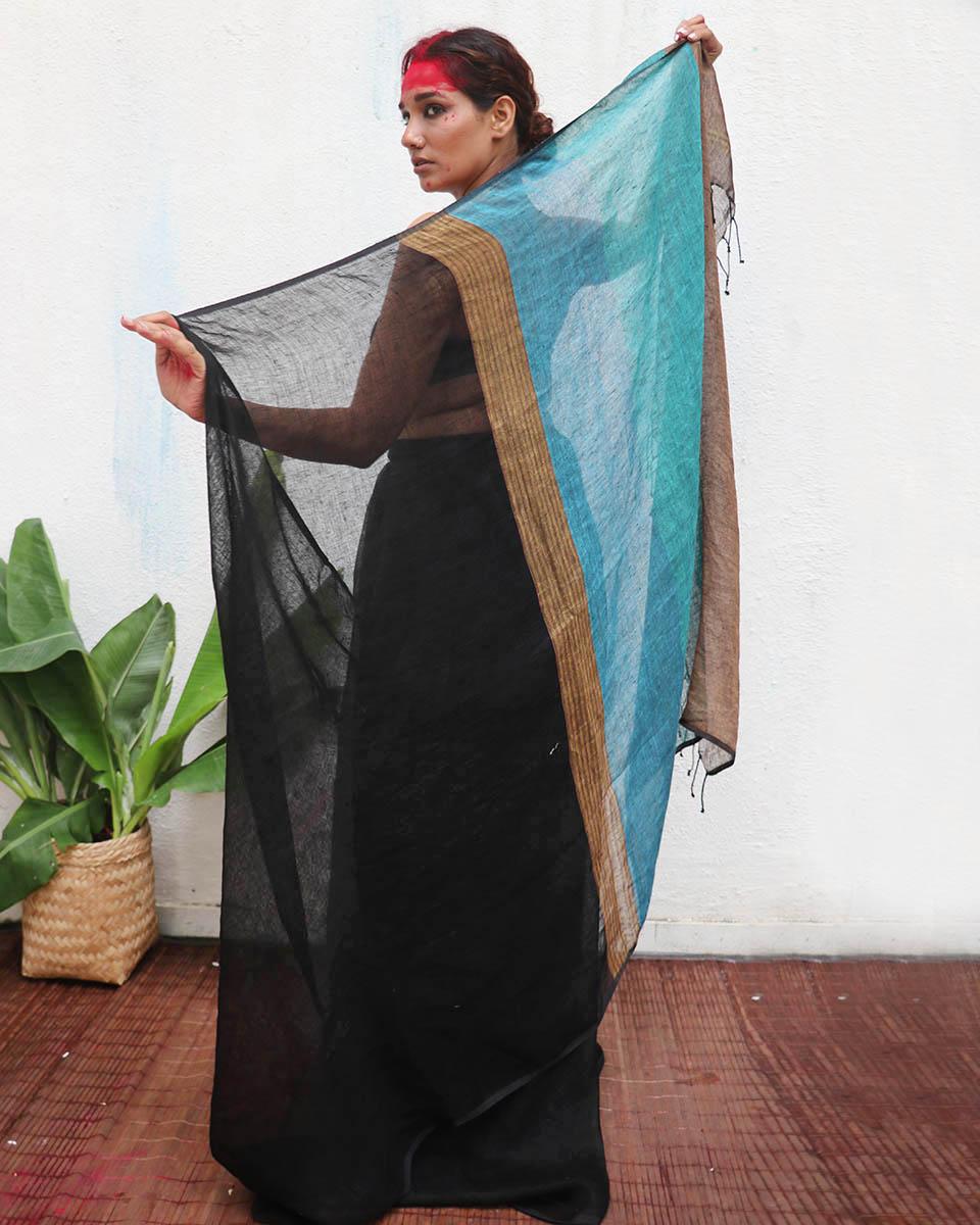 Mahamaya Black Handwoven Linen Saree - Kaali