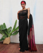 Maheshwari Black Handwoven Linen Saree - Kaali