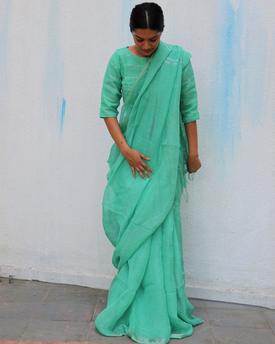 Seafoam Breeze Handwoven Linen Saree - Everyday Beautiful