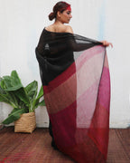 Maheshwari Black Handwoven Linen Saree - Kaali