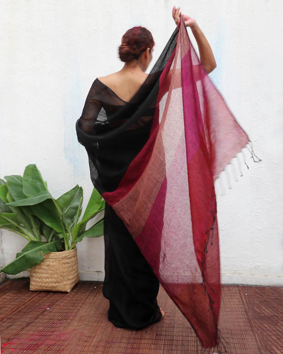 Maheshwari Black Handwoven Linen Saree - Kaali