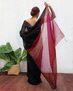 Maheshwari Black Handwoven Linen Saree - Kaali