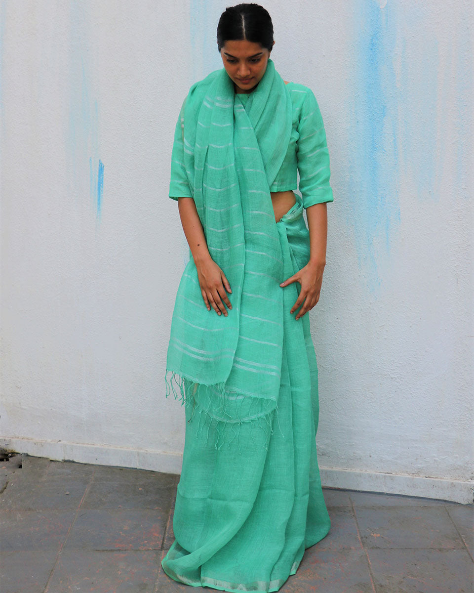 Seafoam Breeze Handwoven Linen Saree - Everyday Beautiful
