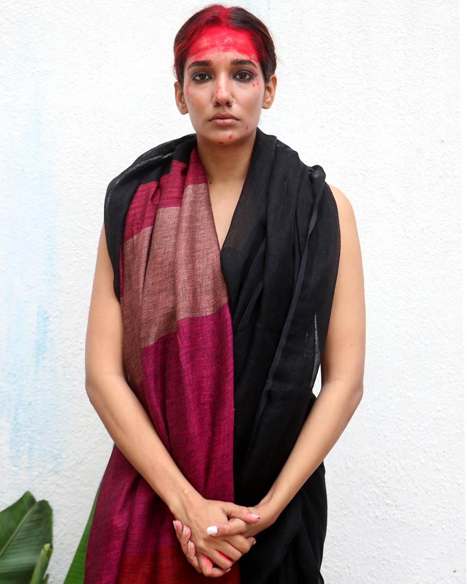 Maheshwari Black Handwoven Linen Saree - Kaali