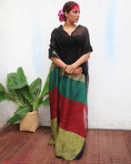 Yogini Black Handwoven Linen Saree - Kaali