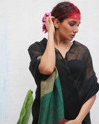 Yogini Black Handwoven Linen Saree - Kaali