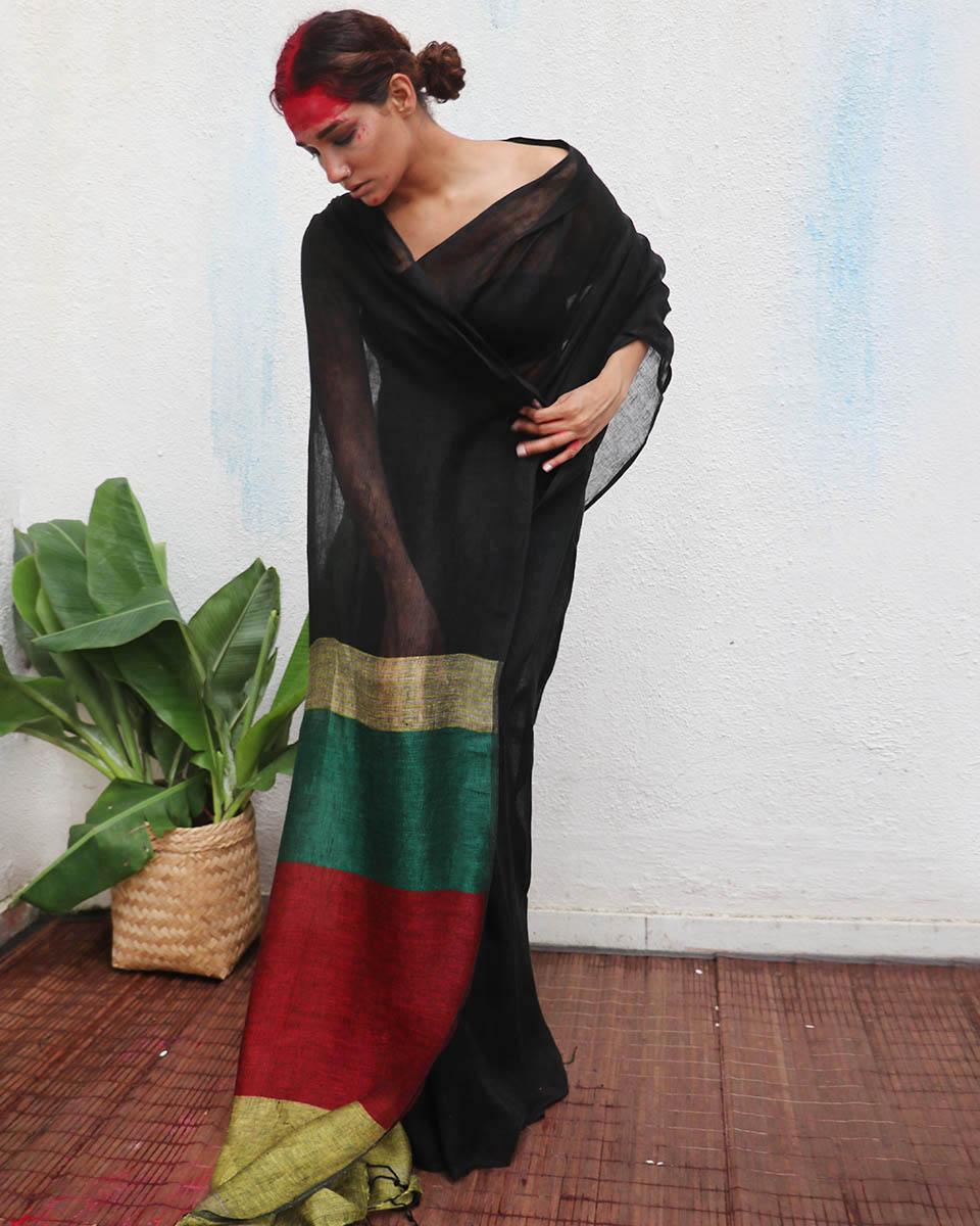 Yogini Black Handwoven Linen Saree - Kaali