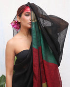 Yogini Black Handwoven Linen Saree - Kaali