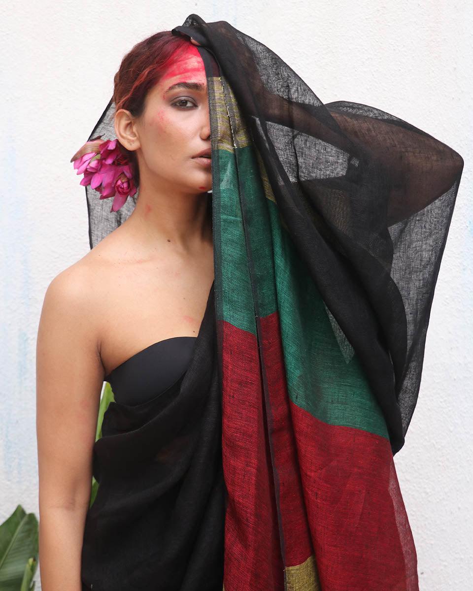 Yogini Black Handwoven Linen Saree - Kaali