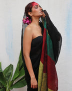Yogini Black Handwoven Linen Saree - Kaali