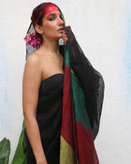 Yogini Black Handwoven Linen Saree - Kaali