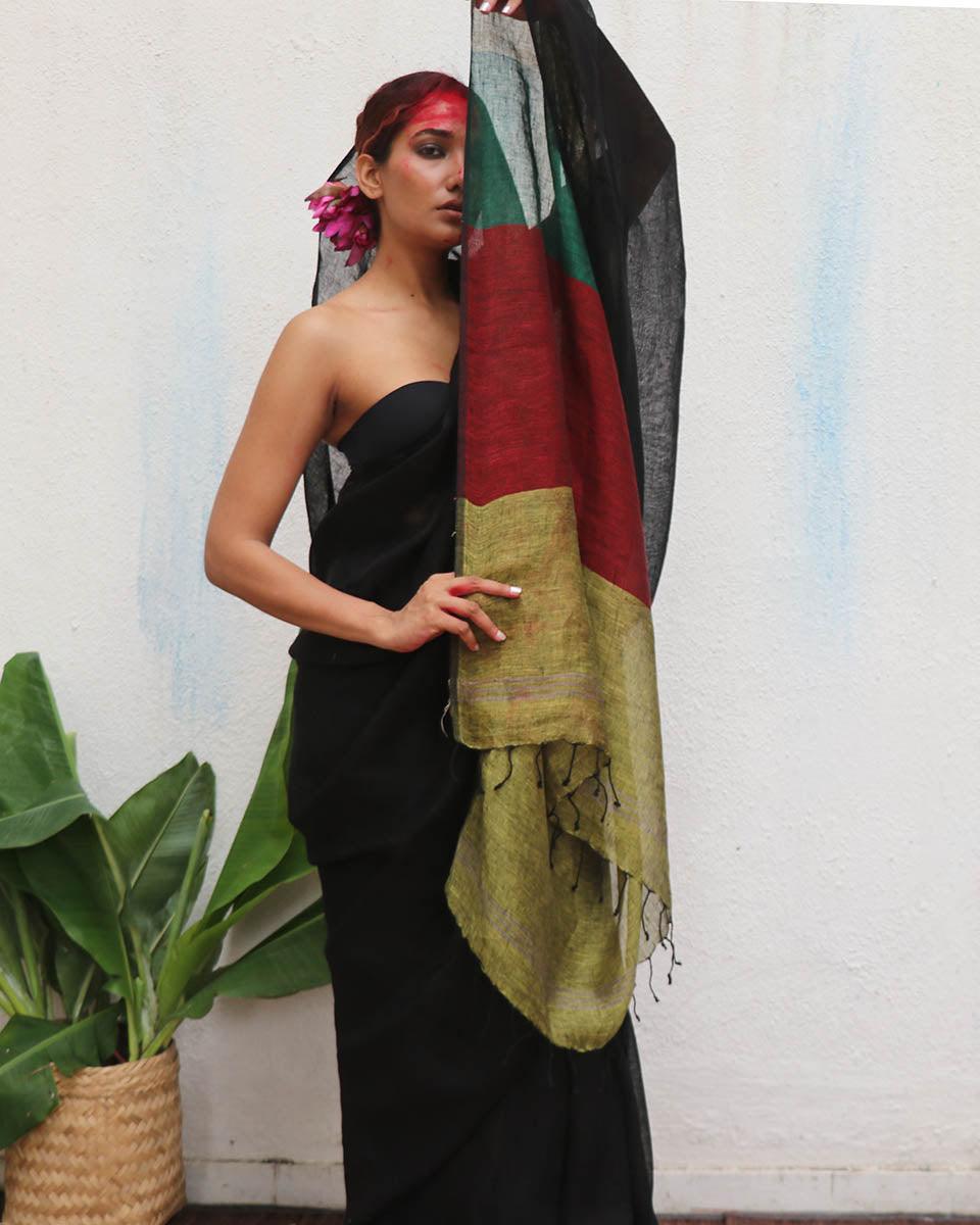 Yogini Black Handwoven Linen Saree - Kaali